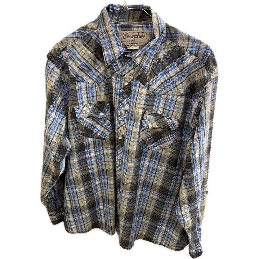 Wrangler Wrancher Shirt Men 2x Blue Plaid Pearl Snap Western Long Sleeve MTW1138